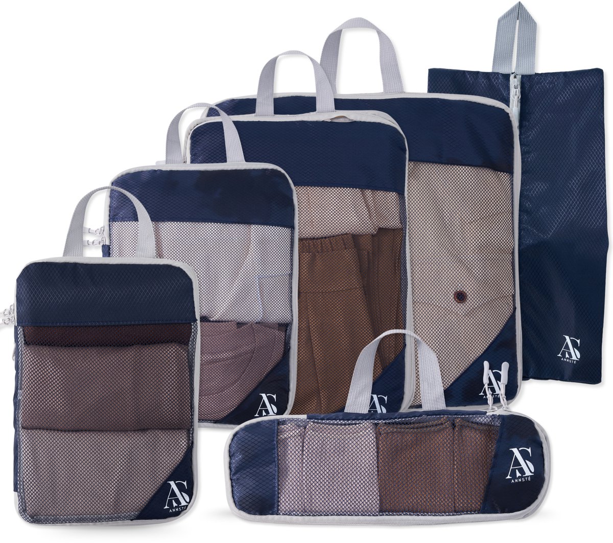 ANNSTÉ® - Compressie Packing Cubes - Packing Cubes Compression - Reiszakken voor Koffer - Packing Cubes met Compressierits - Bagage Organizer - Compression Cube - Koffer Organizer Set - Bag Organizer - Reistassen - Reis Organizer - 6 pcs - Navy Blue