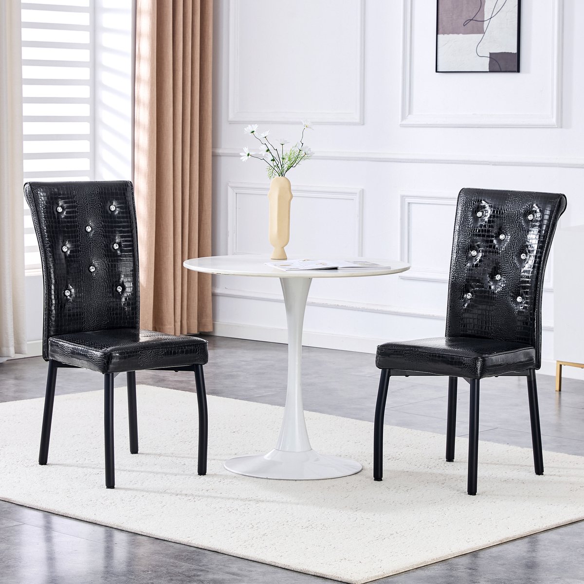 MIVRAY Eetkamerstoelen Set Van 2 - Vintage Krokodillook Met Kristalknopen - Voor Eetkamer En Keuken - Metaal PVC Zwart