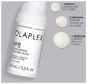 OLAPLEX Nr. 8 fles met drie druppels van het product voor verschillende haarlengtes.