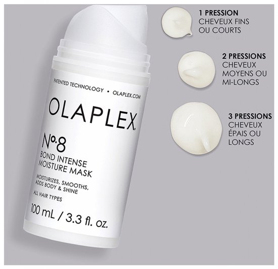 OLAPLEX Nr. 8 fles met drie druppels van het product voor verschillende haarlengtes.
