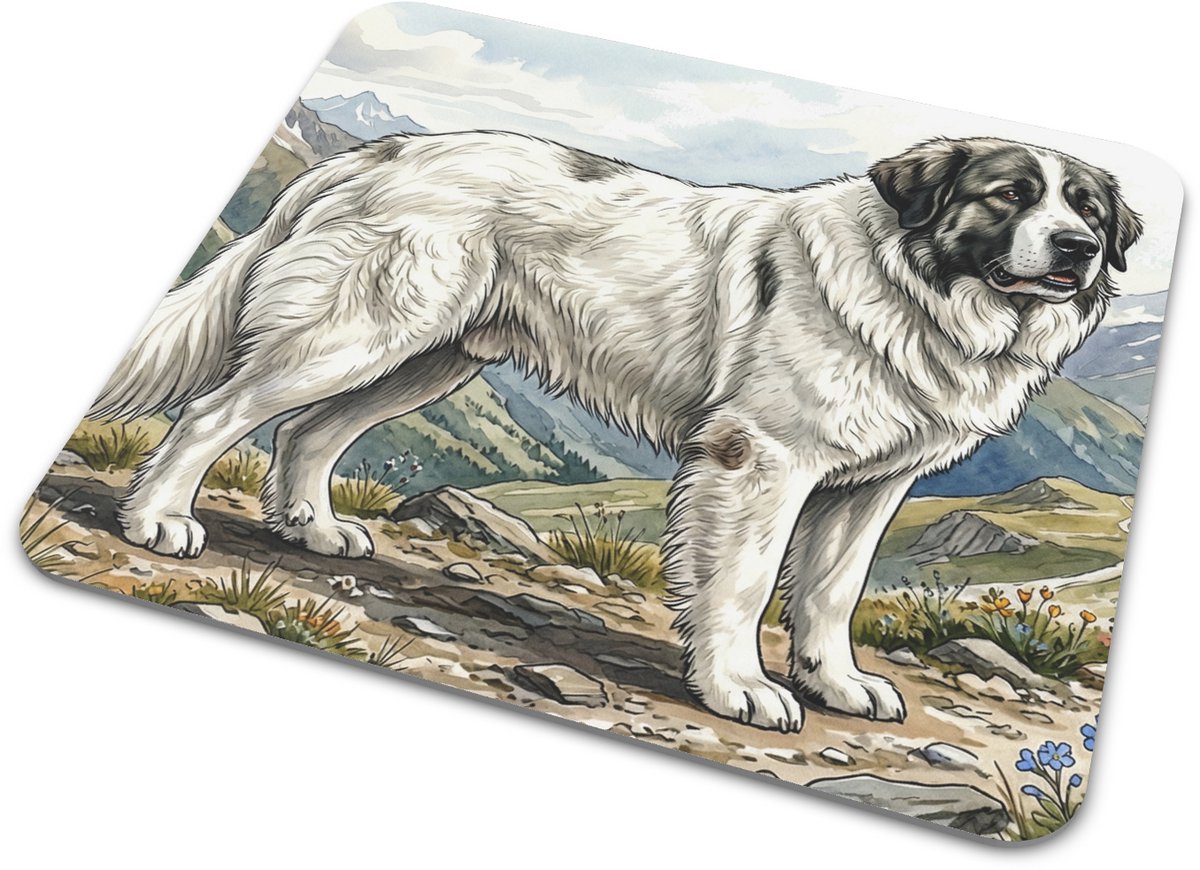 Muismat met Mastín del Pirineo of Pyrenese mastiff in berglandschap - Mooie illustratie van grote wit - grijze rashond - Honden Serie - cadeau voor hondenliefhebbers - Kantoor en thuiswerkplek bureau decoratie