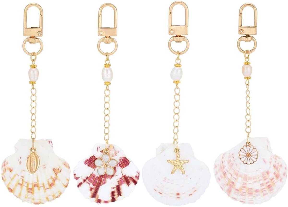 4 Pack Schelpen Sleutelhangers met Gouden en Witte Charms - Schattige Accessoires voor Handtas, Rugzak en Stranddecoratie voor Vrouwen, Perfecte Zomer Cadeaus en Thuis Versiering