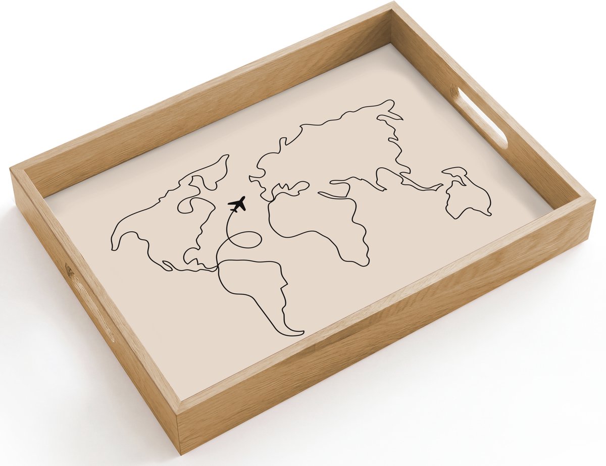 Dienblad hout 40x30 cm - Schootdienblad - Wereldkaart - Simpel - Vliegtuig - Borrelplank rechthoek - Plateau dienbladen