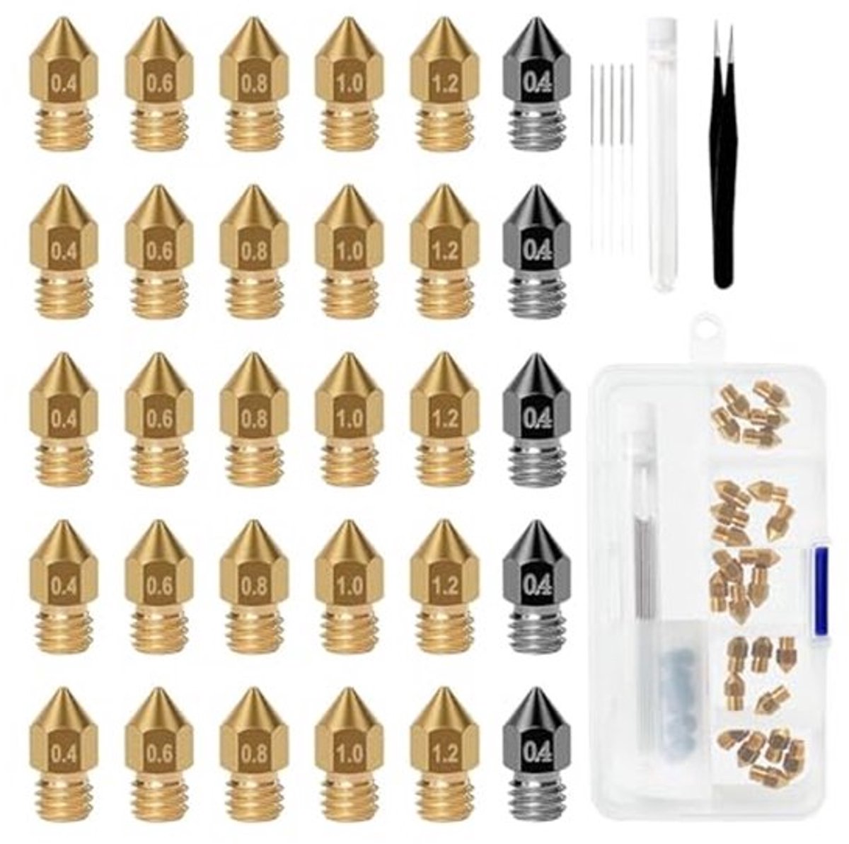 30 stuks 3D Printer Nozzles MK8 5 x 0.4 mm Hardened Steel Nozzles + 5 x (0.4 mm, 0.6 mm, 0.8 mm, 1.0 mm, 1.2 mm) Messing Nozzles + Reinigingsset voor 3D Printer