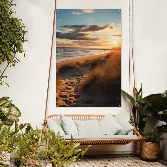 Tuinposter 120x180 cm - Tuindecoratie Strand - Zonsondergang - Duinen - Zee - Zand - Poster voor in de tuin - Buiten decoratie - Schutting tuinschilderij - Tuindoek muurdecoratie - Wanddecoratie balkondoek