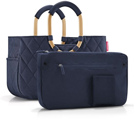 Donkerblauwe shopper met ruitpatroon en goudkleurig frame, naast een donkerblauwe etui met rits.