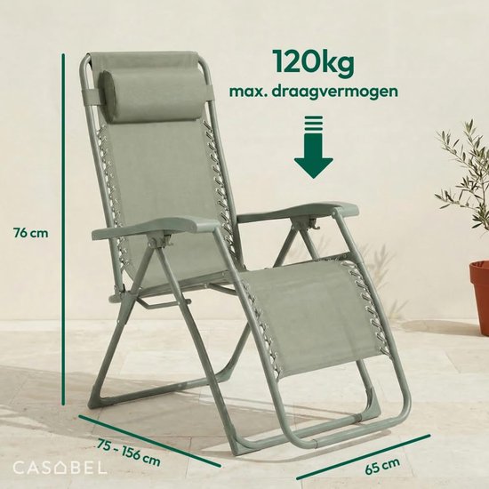 Zero Gravity Stoel - Relaxstoel Ligstoel - Ontspannen Buiten - Inklapbaar Ruimtebesparend - 156x65x76 cm - Saliegroen — afbeelding 5
