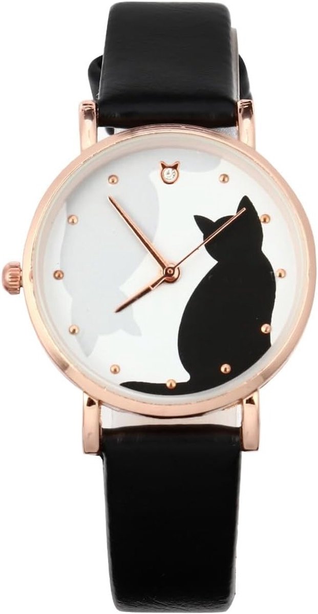 Schattige kattenhorloges voor dames met PU leren band - Casual horloge voor kleine polsen, zwart, 21X3.4CM, stijlvolle damesaccessoires