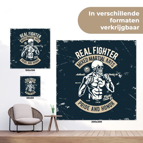 Tuinposter 200x200 cm - Tuindecoratie Vechtsport - Skelet - Retro - Tekening - Poster voor in de tuin - Buiten decoratie - Schutting tuinschilderij - Tuindoek muurdecoratie - Wanddecoratie balkondoek
