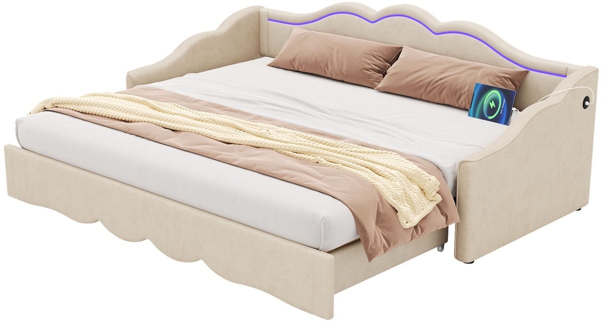 Merax Slaapbank 90x200 - Uitschuifbaar tot 180x200 - Gestoffeerd Bed Fluweel - LED Verlichting met Afstandsbediening - USB en USB-C - Beige