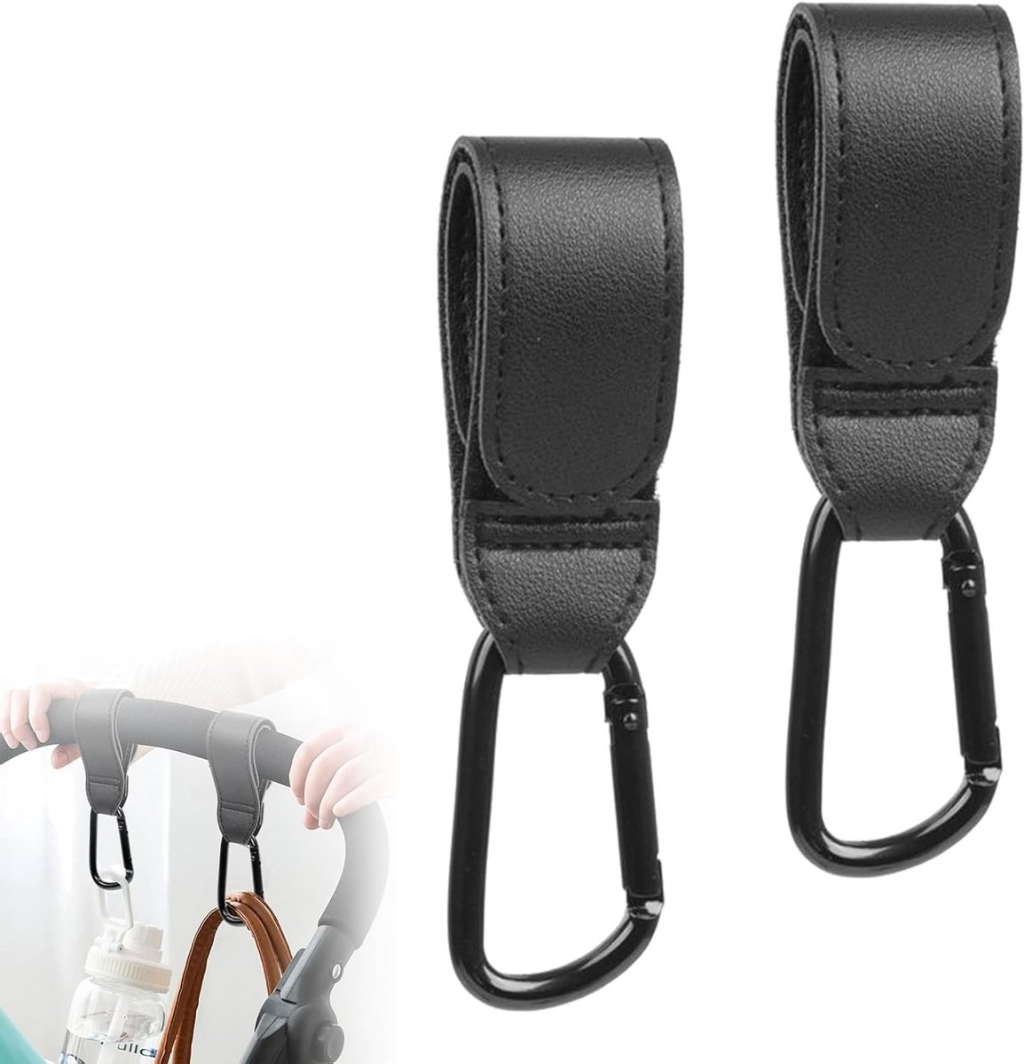 Pram Hooks voor Luiertassen - Universele en Draagbare Haakjes voor Kinderwagens, 2 Stuks, Zwart, Ideaal voor Shopping en Wandelen