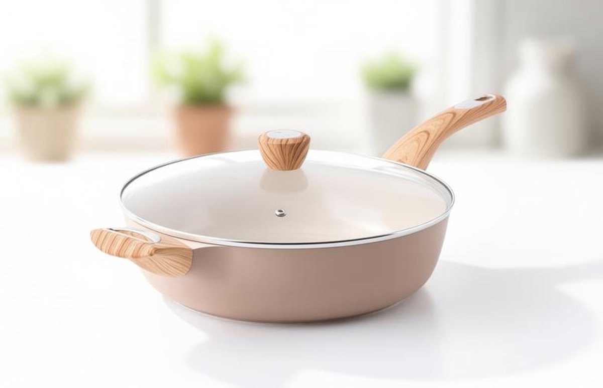 ElleMooi 30 cm Keramische Braadpan Beige - Diepe Sauspan met Deksel, 4,7 L, Anti-Aanbak, Geschikt voor Inductie