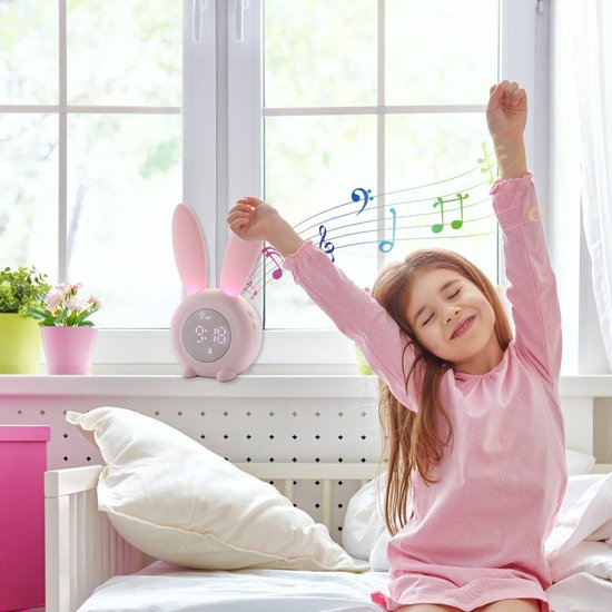 LED-nachtlampje - Nachtlampje met wekker - Cartoonkonijn - Kinderwekker met nachtlampje - 6 beltonen, schattige roze konijnenwekker voor kinderen - Aanraakbediening en oplaadbare slaaptrainer voor de slaapkamer van jongens en meisjes van Roze — afbeelding 4