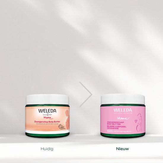 Vergelijking van oude en nieuwe Weleda Mama Zwangerschap Body Butter verpakking en potten.