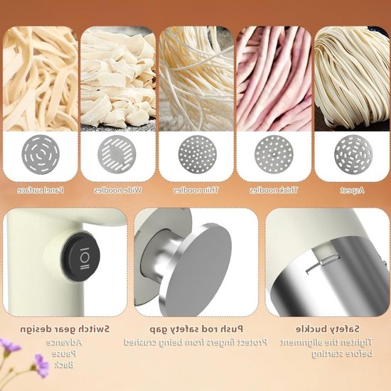 Draadloze handmatige pastamachine, draagbaar ontwerp, 40 W vermogen, 5 persvormen voor verse pasta en spaghetti maken — afbeelding 5