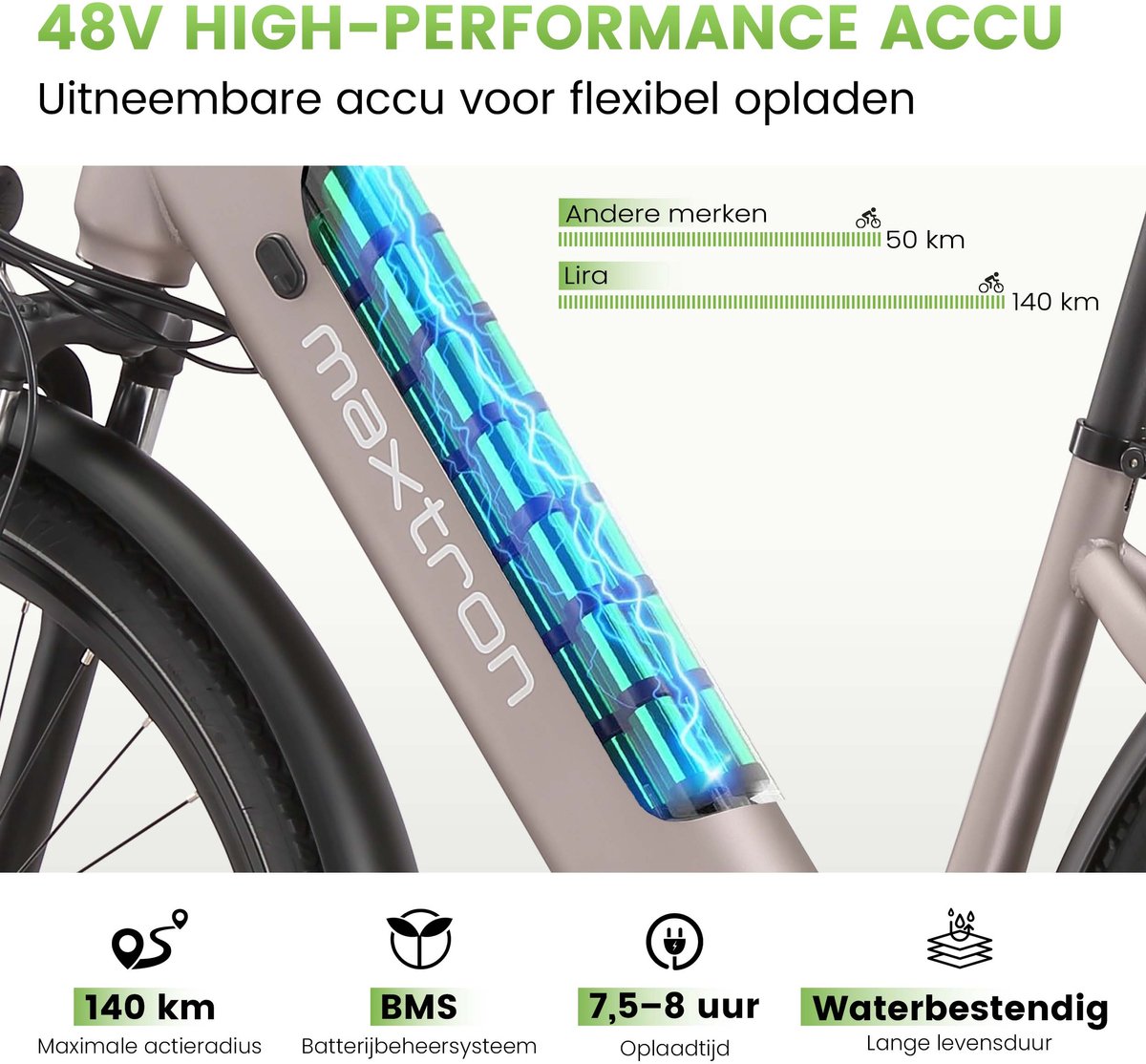 Maxtron Lira Elektrische Fiets - Actieradius tot 140 km - 720Wh Accu met Grote Capaciteit - 28 x 2.0 Inch Banden - Hydraulische Schijfremmen - Shimano 7 Versnellingen - 250W Motor - Met Achterlicht - Max. Belastbaar 120 kg - Goud thumbnail 4