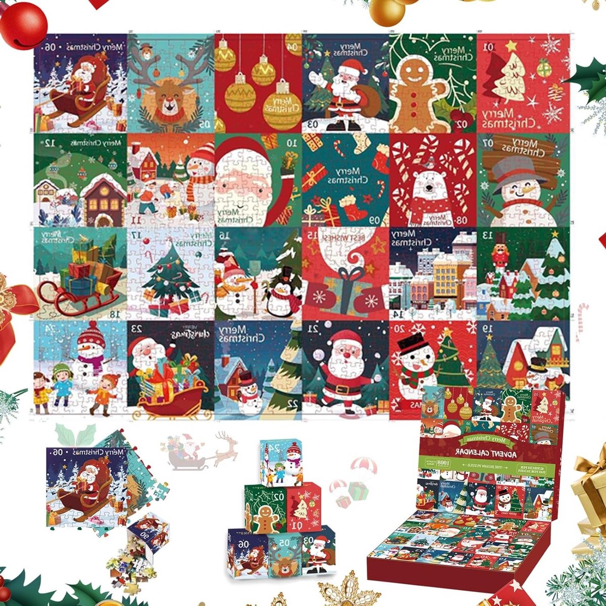 Kerst Adventskalender Puzzel met 1008 Onderdelen, DIY Kalender voor 24 Dagen Vol Verrassingen voor Kinderen en Volwassenen