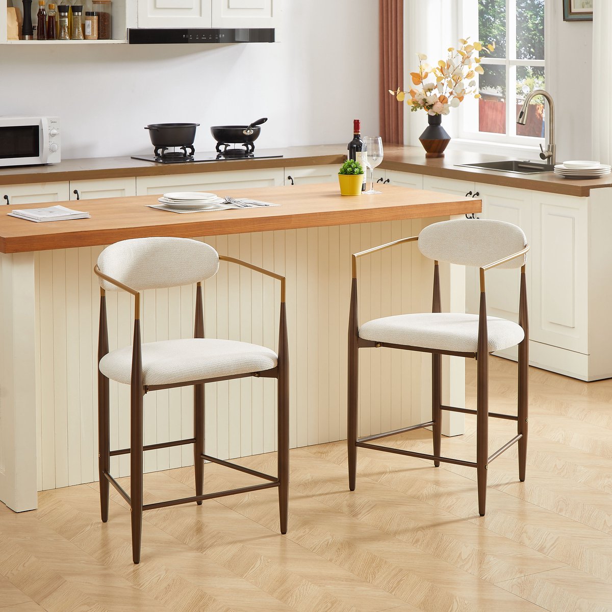 REDOM Barkrukken Set Van 2 - Met Armleuningen - Landelijke Stijl - Keukeneiland - Stof - Beige