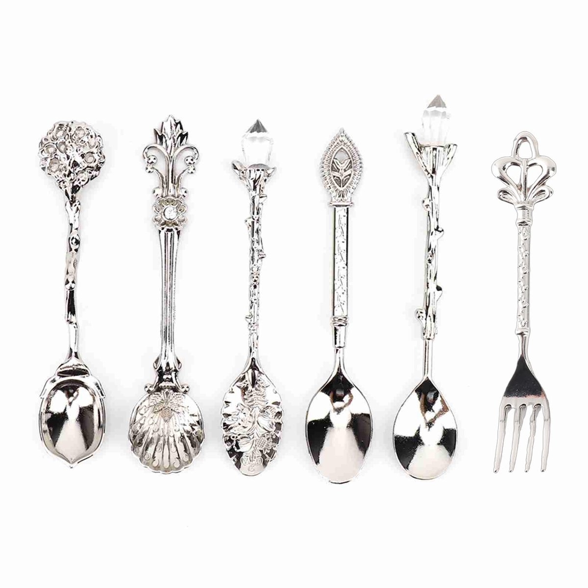 BRENZOOS- Koffielepel Set van 6 - Vintage Zinklegering - Theelepel - Dessertlepel - Retro Lepelset - Inclusief Vork