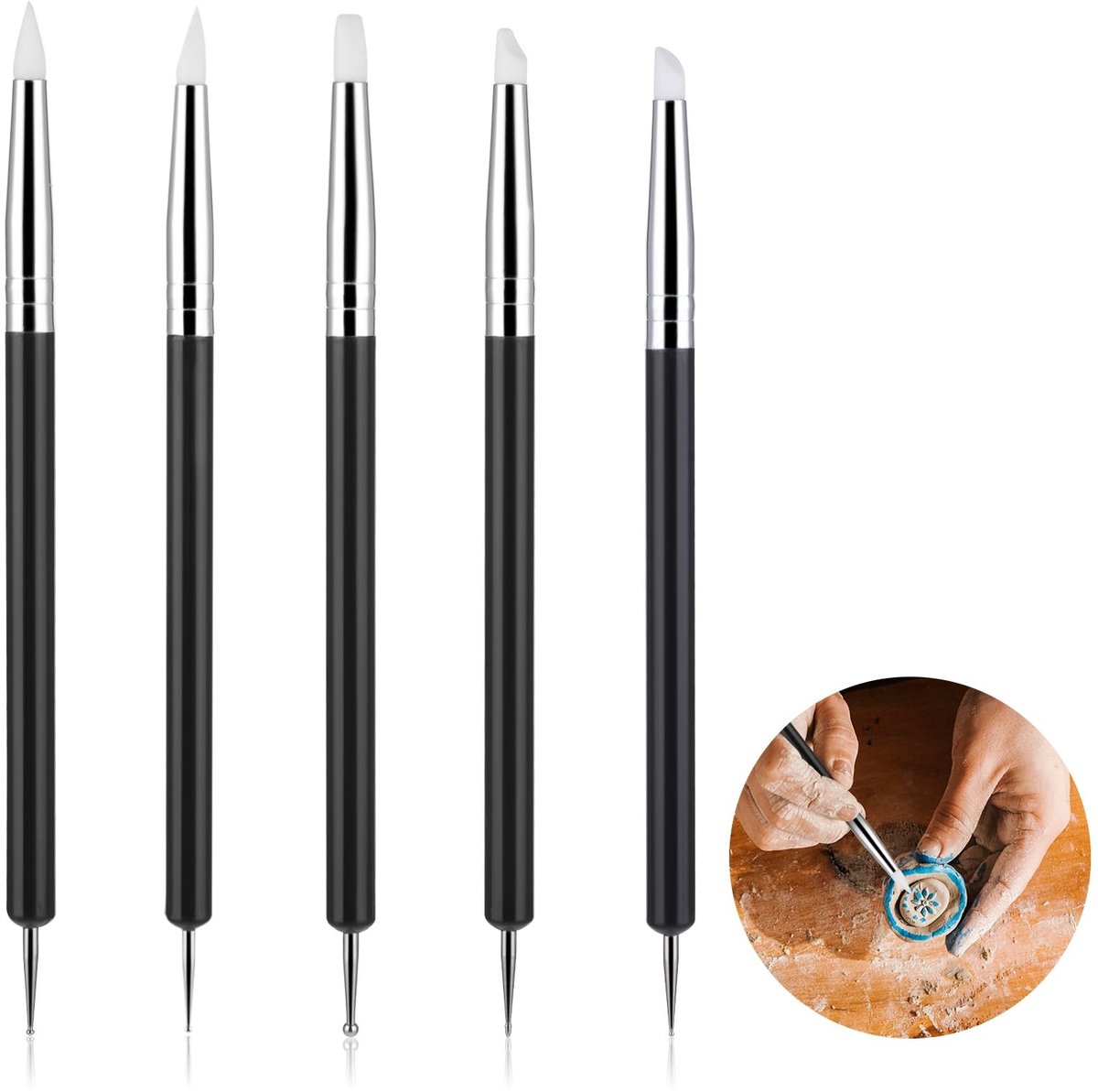 LAUZY- Boetseertools Set van 5 - Dubbelzijdige Siliconen Klei Gereedschap - Klei Vormpjes - Boetseergereedschap - Klei Accessoires - 15cm Lengte