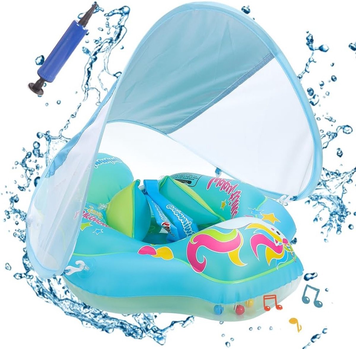 Zwemring voor baby's met afneembare zonnescherm, zwemhulpmiddel met verstelbare schouderbanden voor kinderen van 3-36 maanden. Veilig en comfortabel zwemtrainer.