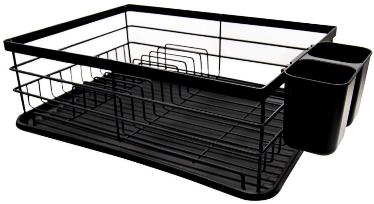 Afdruiprek Zwart met Lekbak en Bestekhouder – RVS Afwasrek voor Borden, Glazen, Mokken en Servies – 43 x 32 x 14,5 cm – MH-8097