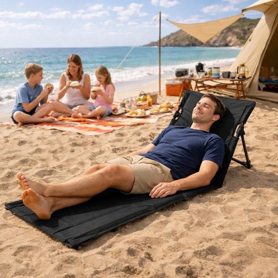 Vouwbare Strandmat met Rugleuning, Lichtgewicht Strandstoel met Uitgebreide Zitting voor Camping, Picknick en Tuingebruik, Zwart — afbeelding 2