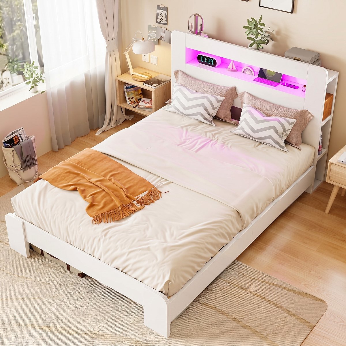 VVBV Bed met opbergruimte 140x200 / Tweepersoonsbed 140x200 – met LED-Verlichting, Stopcontact – Hoofdbord – Wit – Modern Design White