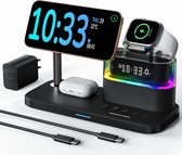 5-in-1 draadloos oplaadstation geschikt voor Apple – magnetische oplader met wekker en nachtlampje voor meerdere apparaten – oplaadstation voor op het nachtkastje, geschikt voor iPhone 17/16/15/14/13/12, Apple Watch en AirPods(Zwart)