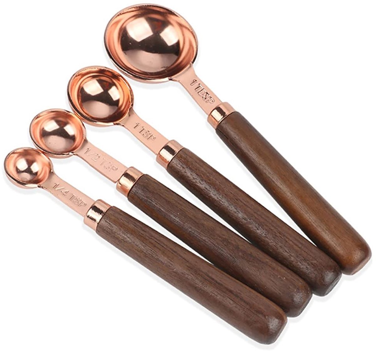 Dailygoods- Maatlepels Set van 4 - Roestvrij Staal/Roségoud - Maatlepels met Houten Handvat - Voor Koken/Bakken - Vaatwasser Veilig - Hoogwaardige Kwaliteit - Maatlepelset
