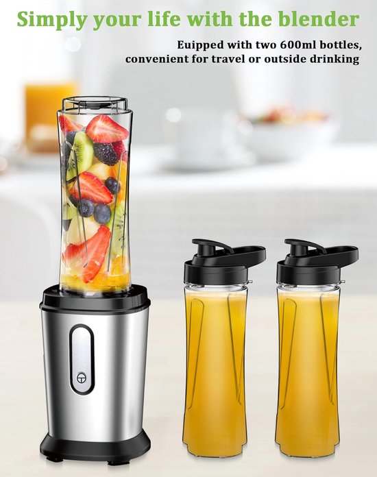 Krachtige Blender - Smoothie Maker - Gezonde Drankjes Maken - 4 Roestvrij Staal Bladen - 2 x 600ml Flessen — afbeelding 4