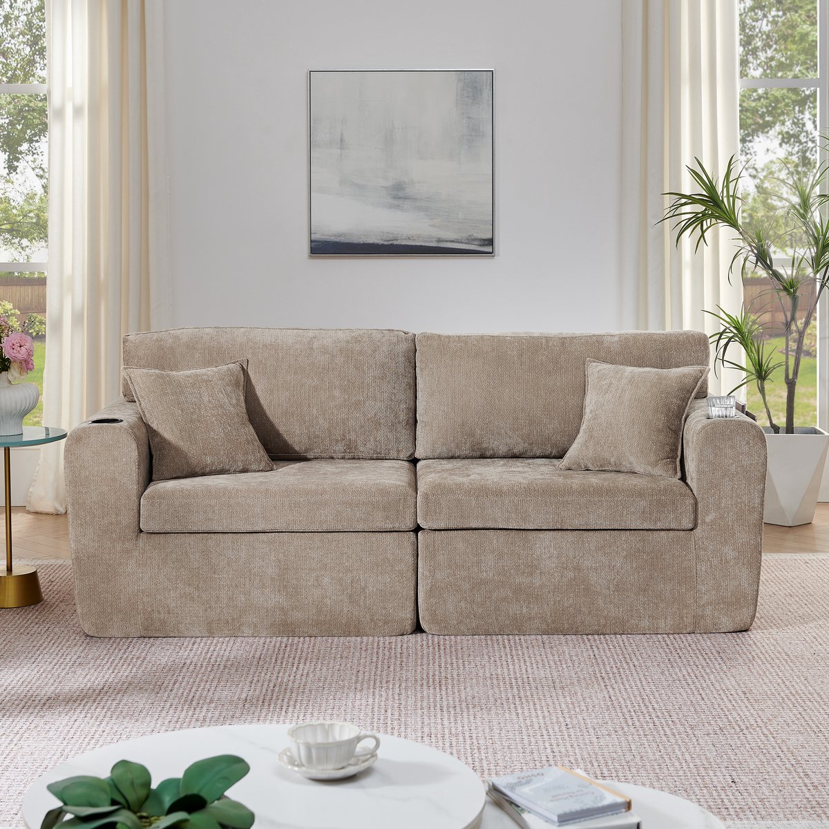 STILVORA Zitbank 2-Zits - Compact Relaxsofa Met Usb, Bekerhouder En Zijvak - Voor Woonkamer En Appartement - Chenille Bruin
