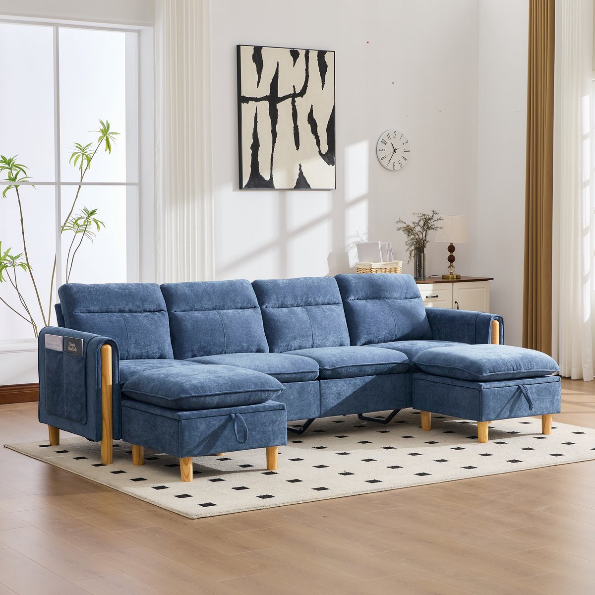 OKWISH U Bank 261 Cm - Modulaire 4 Zits Met 2 Opberg Hockers - Voor Woonkamer En Familiehoek - Chenille - Blauw