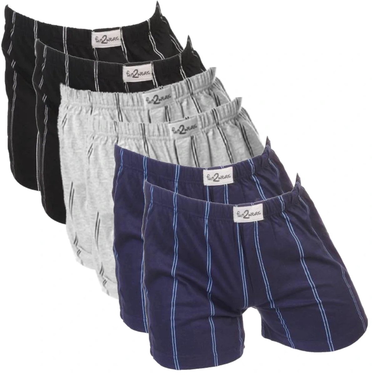 Fun2wear/Funderwear heren boxershorts wijd - 6-pack - maat M - Streep zwart/licht grijs mêlee/marine