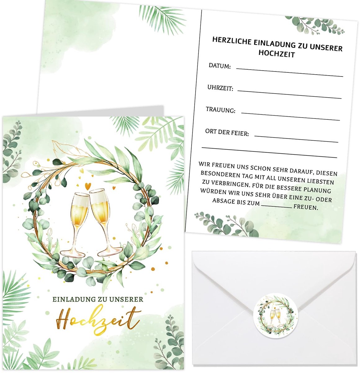 Dailygoods- Uitnodigingskaarten Bruiloft - 12 Stuks - Eucalyptus Motief - Met Enveloppen - Dubbel Bedrukt - Hoogwaardig Papier - Bruiloftskaarten