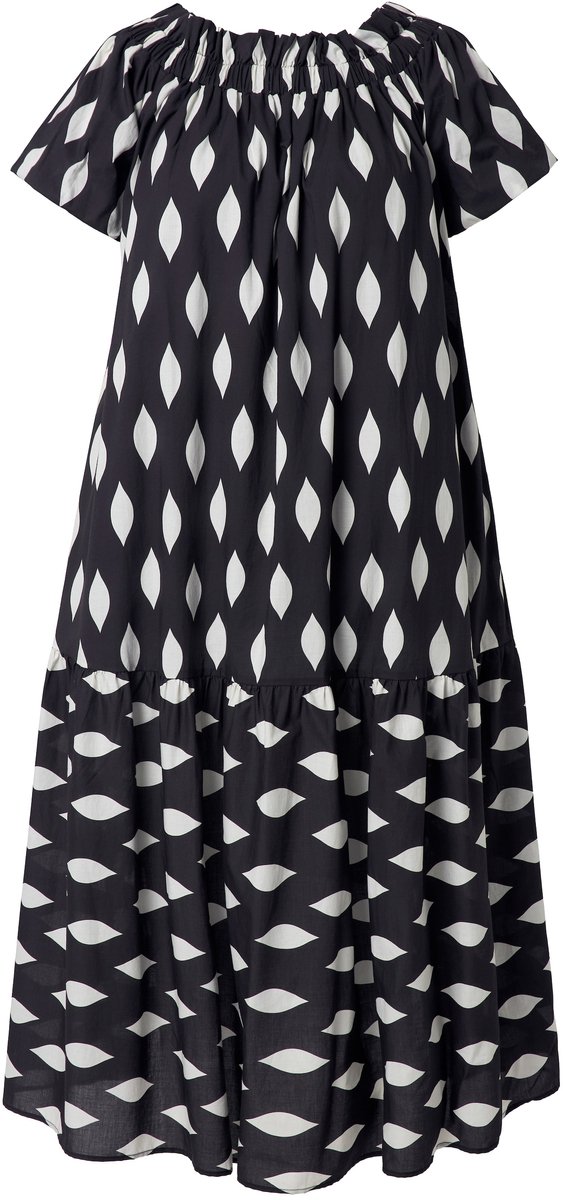 Ulla Popken - Dames - Maxi-jurk raatpatroon carmenhals korte ballonmouwen - Zwart - Maat 46+