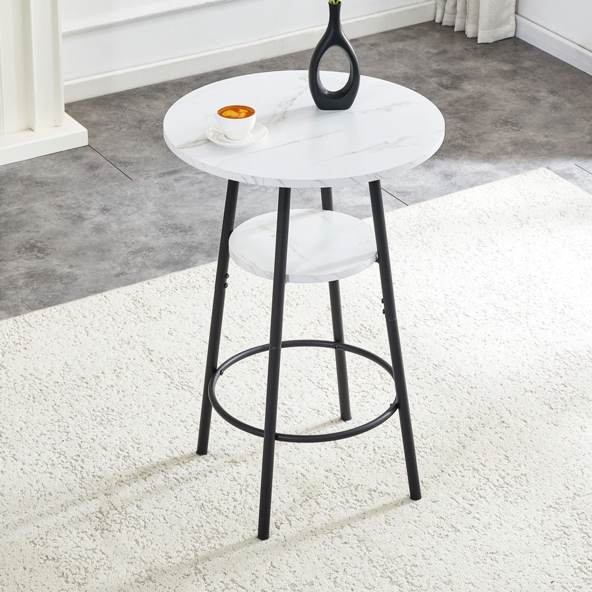 KOMHTOM - Bartafel - Moderne stijl - Opbergruimte - Witte marmerlook - Zwart metalen frame - Diameter 60 cm - Hoogte 89 cm - Eigentijdse statafel voor keuken, eetkamer en café
