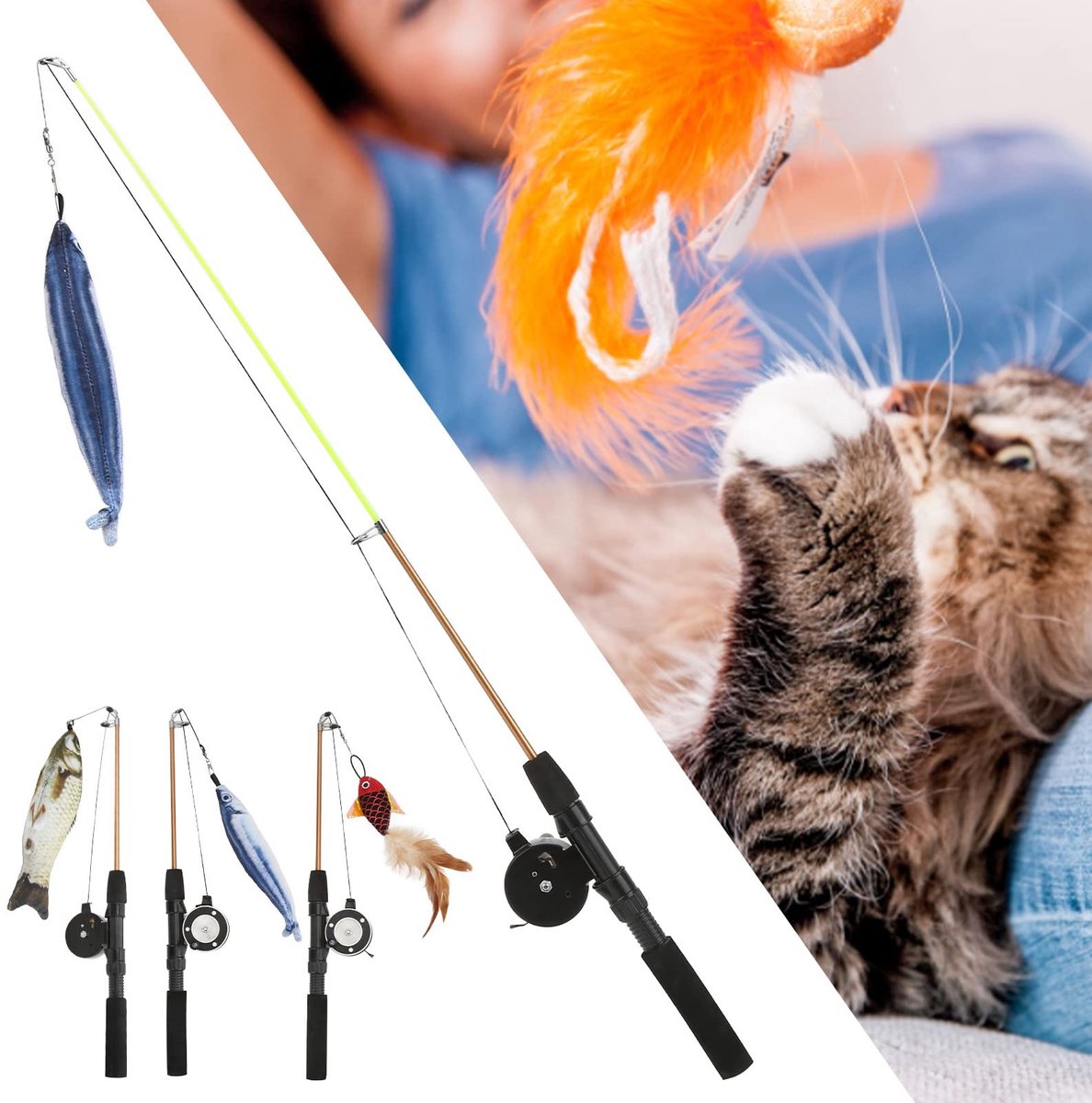 Dailygoods- Kattoverstaf Telescopisch - Kattenspeelgoed - Interactieve Hengel - Kattenhengel met Veer - Innovatief Ontwerp - Handmatige Katrol