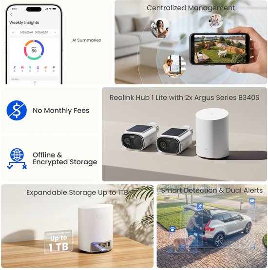 Reolink 5MP Draadloos Beveiligingssysteem - Lokale Opslag - Geen Maandelijkse Kosten - Slimme Detectie - 2.4/5GHz - IP67 - Hub 1 Lite met 2x Argus Series B340S — afbeelding 2
