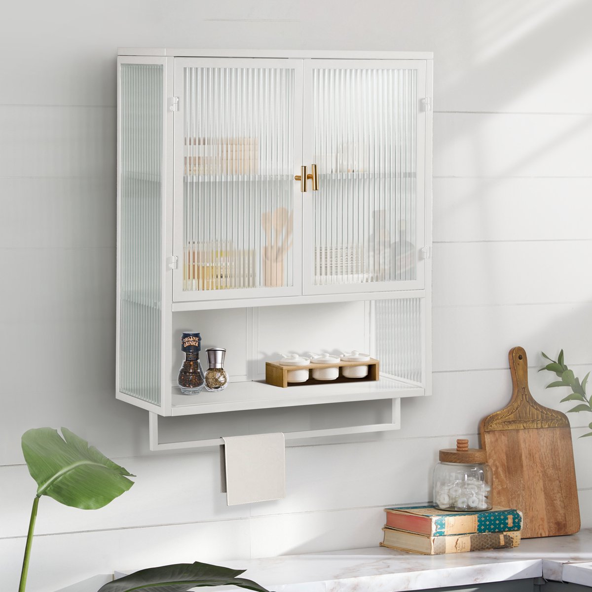 Wandkast - 60 cm - Glazen Deuren met Open Vak en Handdoekrek - Hout en Glas - Wit