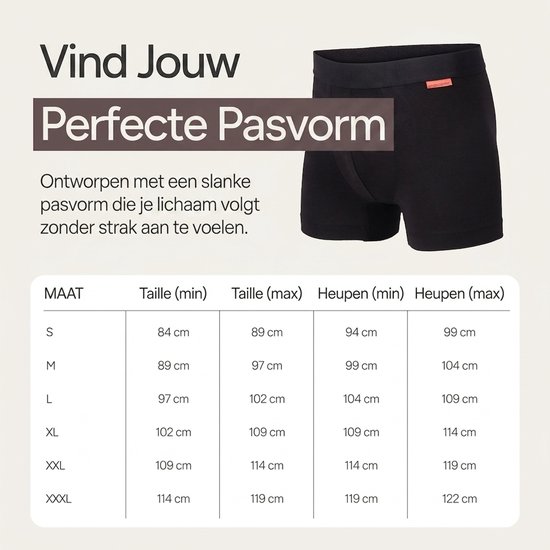 Man met baard, draagt een zwarte boxer. Tekst: 'Vind Jouw Perfecte Pasvorm'. Tabel met maten.