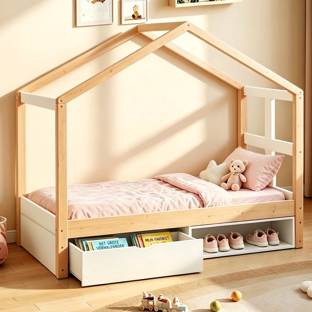 VVBV Bed 90x190 – met Lades, LED-Verlichting, Lattenbodem – Tienerbed – Natuurlijk Hout – met Lades, LED en Lattenbodem – Voor Tieners Natural Wood