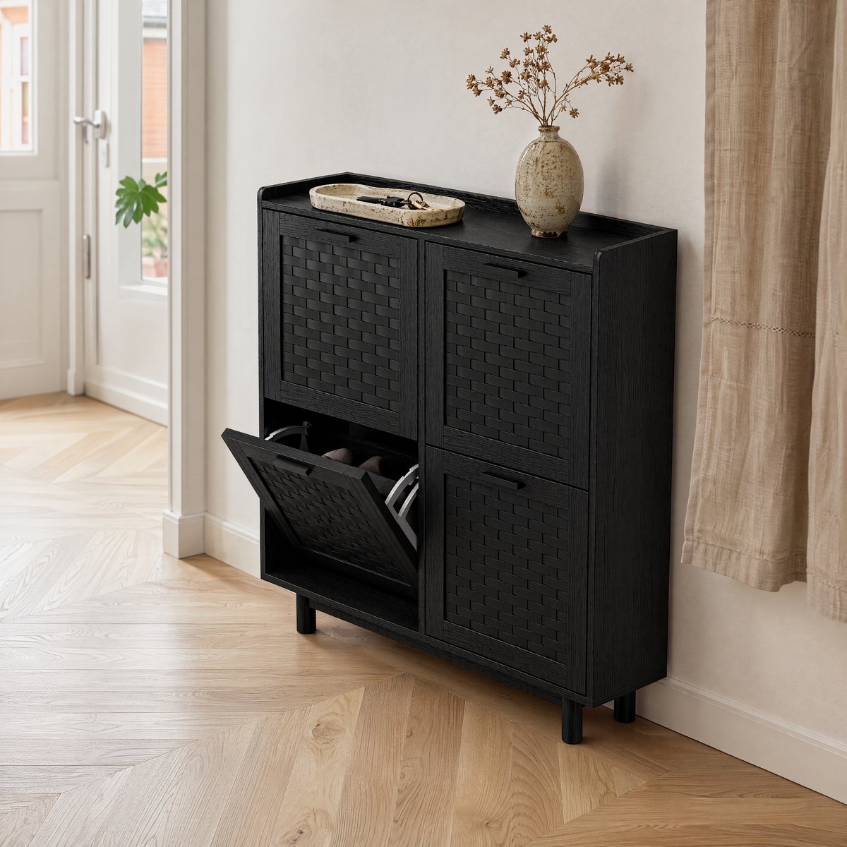 Schoenenkast 100 cm zwart rotan look, 4 schuifdeuren, lade en anti-kantelslot