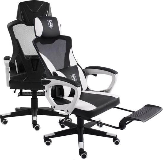 Gamingstoel Racing Design - Ergonomische Bureaustoel - Lang Zitten - Inklapbare Voetensteun - Tot 120 kg - Zwart Wit — afbeelding 4