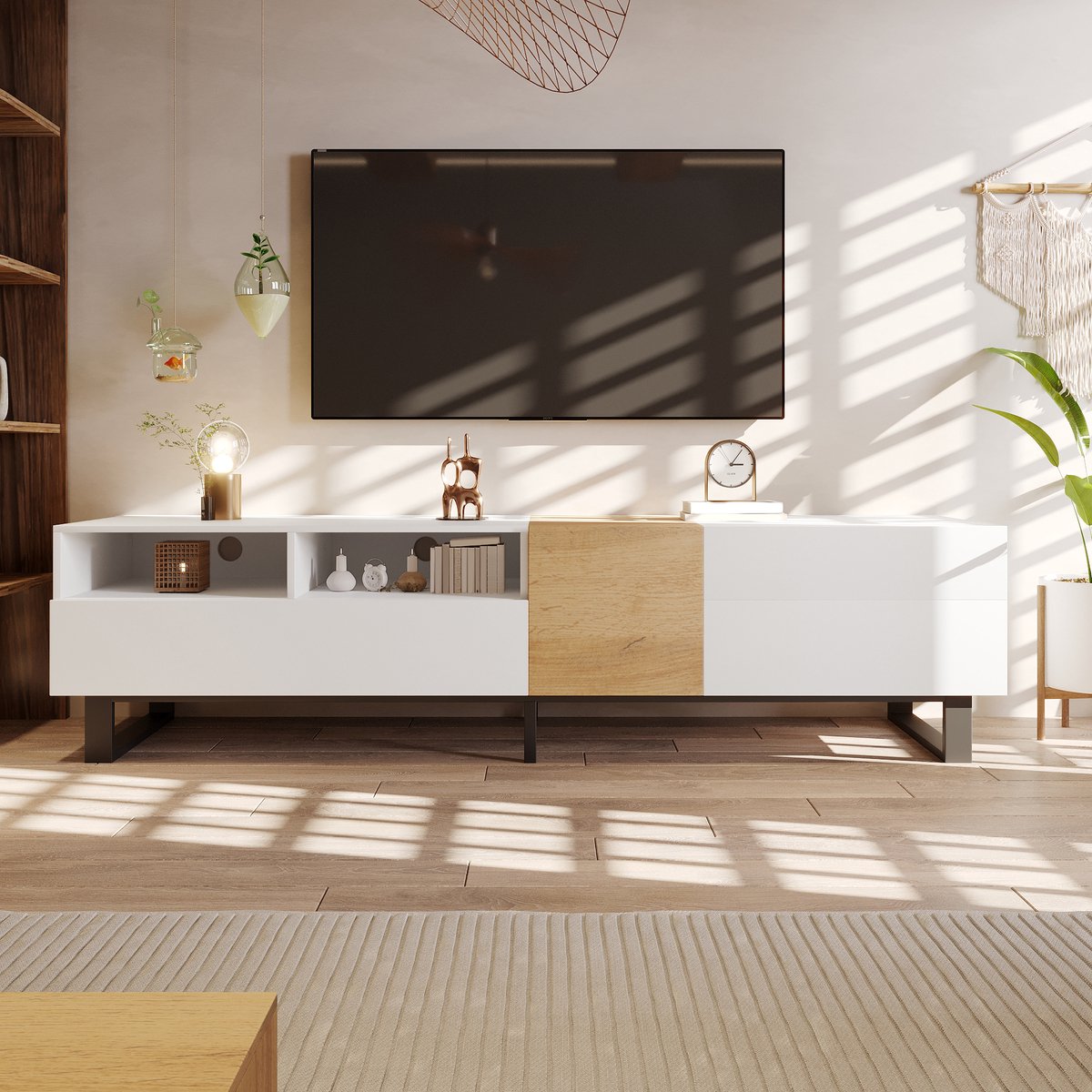 Solvenrik TV-meubel 180 cm Wit & Eiken – Modern TV-kast met Opbergruimte, Schuifladen en Zwarte Metalen Poten