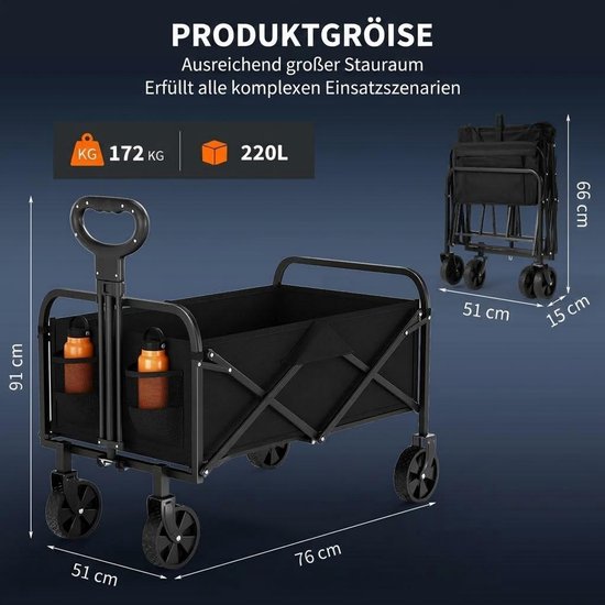 HOERFURIY Bolderkar Opvouwbaar - 220L/172 kg Draagvermogen - 600D Oxford Stof + Stalen Frame - 5 inch 360º Wielen - Inklapbare Bolderwagen met Verstelbare Hendel - 73 x 46,5 x 89,5 cm–Trekwagen Voor Camping, Strand - Zwart — afbeelding 5