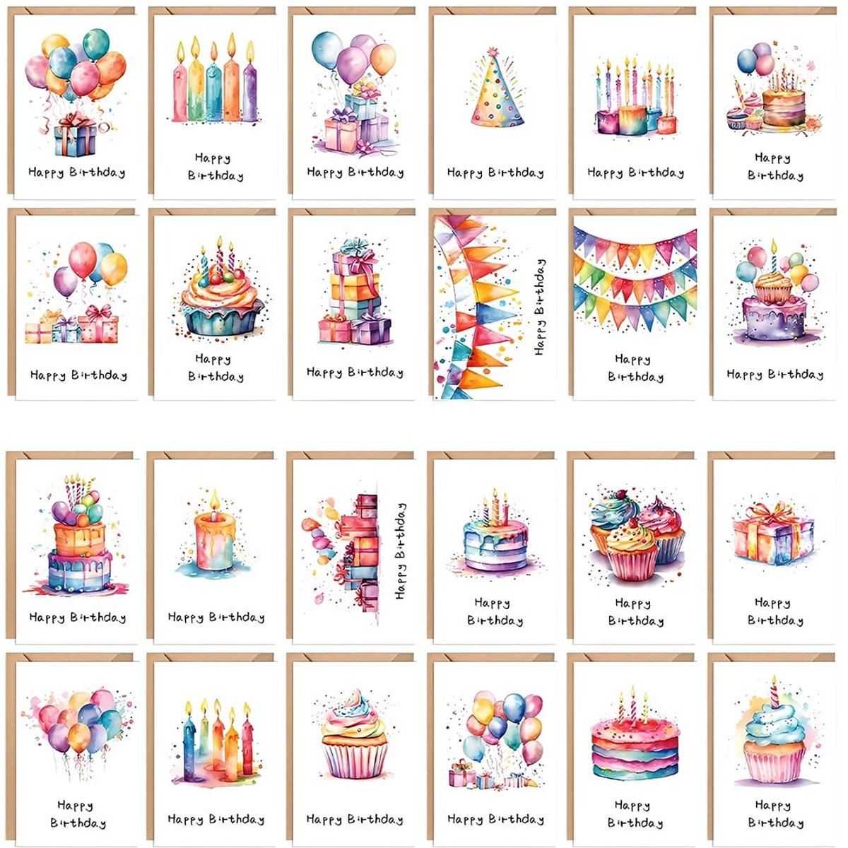 Dailygoods- Verjaardagskaarten set van 24 - Verjaardagskaarten met envelop - Grappige verjaardagskaarten - Aquarelpatronen - Ansichtkaarten voor verjaardag - Hoogwaardig papier - Wenskaarten