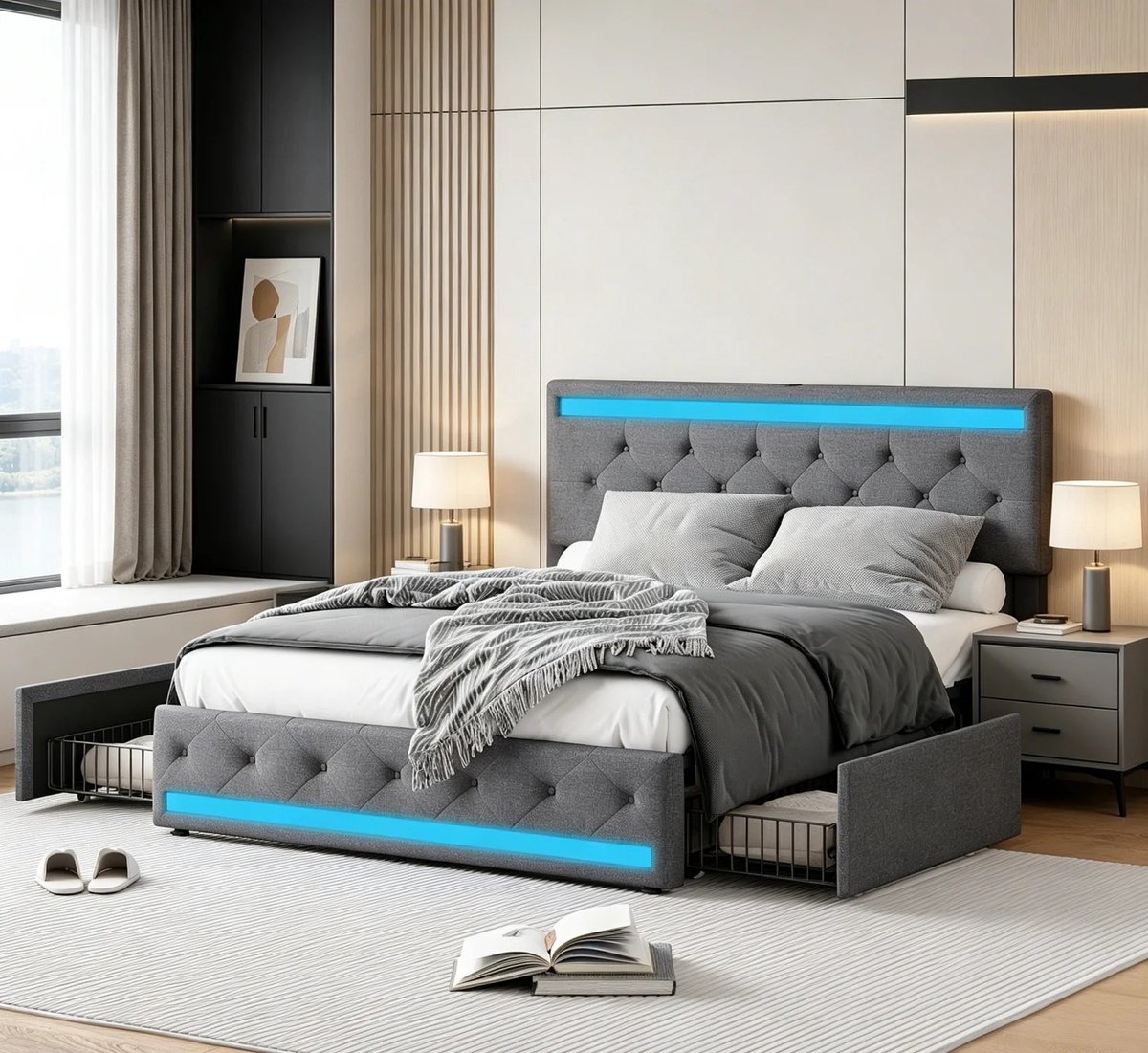 Dailygoods Gestoffeerd bedframe met LED-verlichting, bedopbergruimte met 4 laden, getuft h