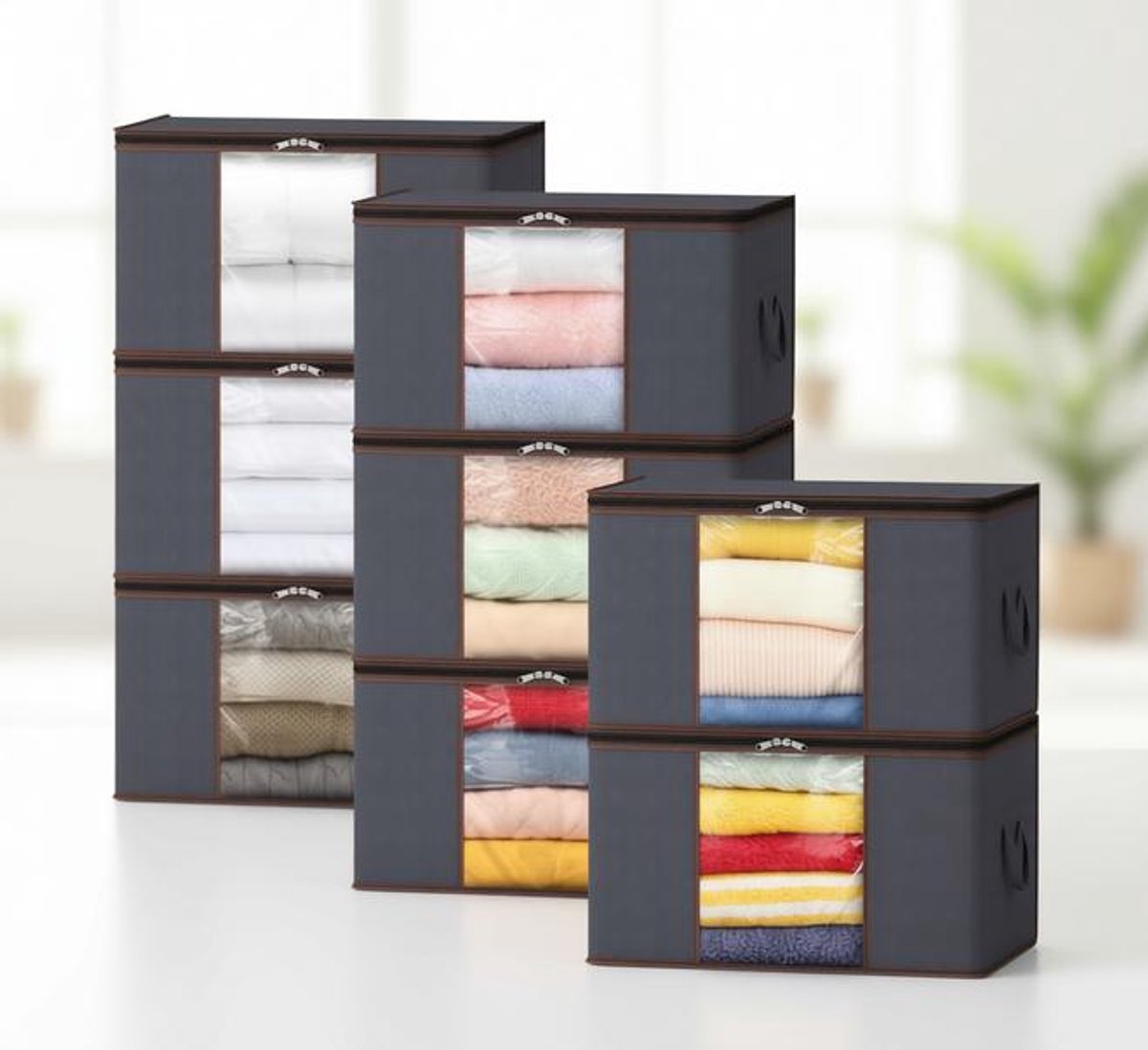 ElleMooi 4 Stuks Grote Kleding Opbergzak Doos met Deksel, 75L Garderobe Opberg Organiser Verpakkingsdozen voor Verhuizen met Versterkte Handgreep Dikke Stof voor Kleding Handdoek Deken Beddegoed, Grijs