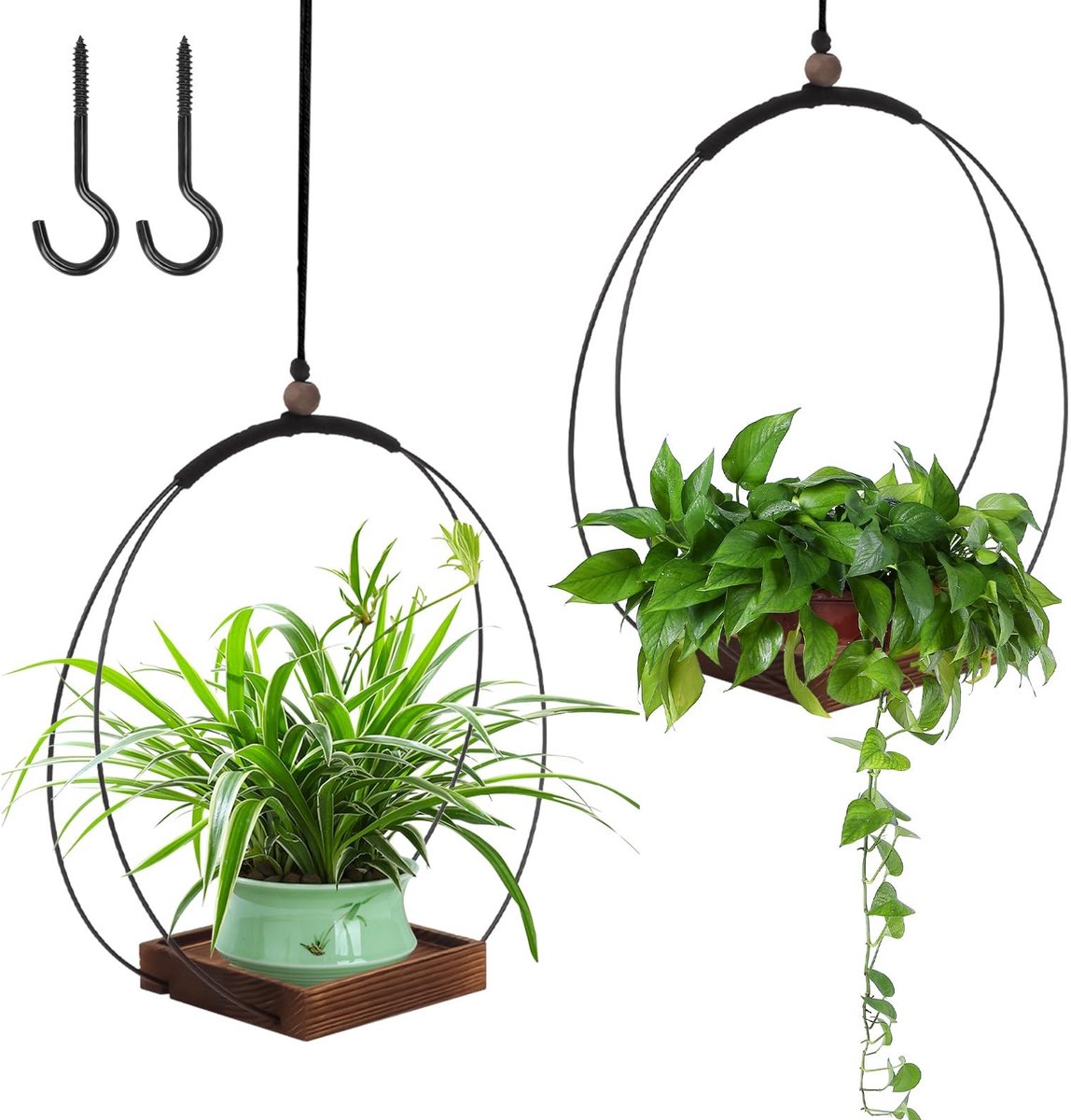 Dailygoods- Bloemenhanger 2 Stuks - Hangpot voor Binnen - Houten Voet - Boho Stijl - Draagvermogen 10 kg - Cirkeldiameter 30 cm